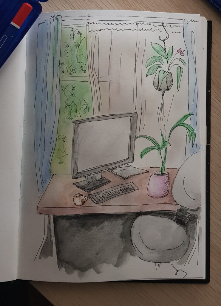 Gabrielle's WFH station in sketch form!
