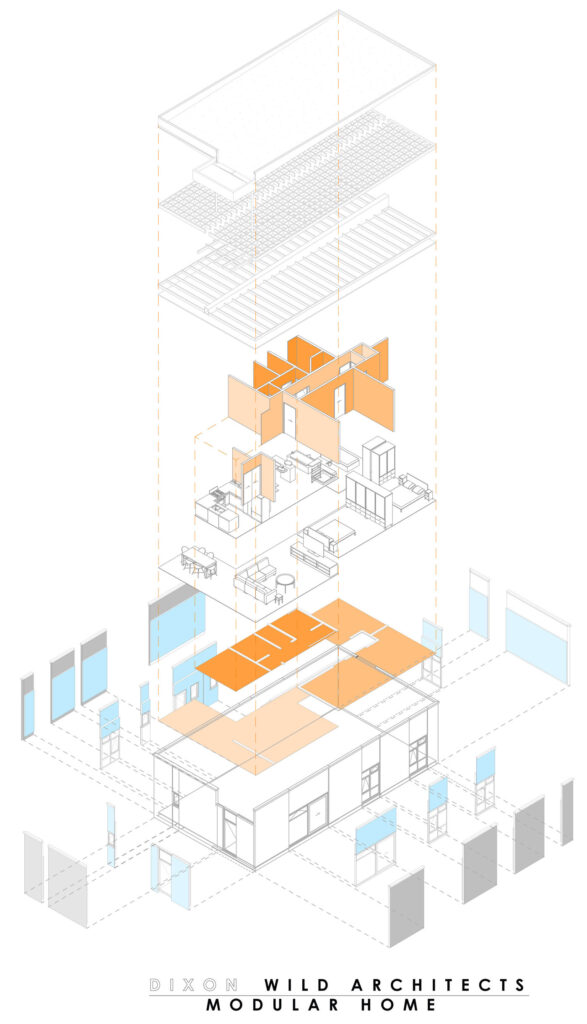 Iso axonometric rendered image of the Modular Home. Do not copy